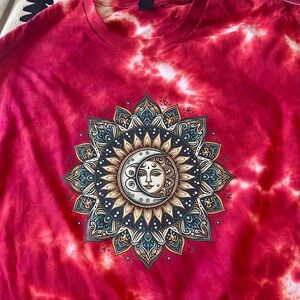 🌙 Hand-Dyed Crimson Celestial Sun & Moon Mandala Tee 🌙